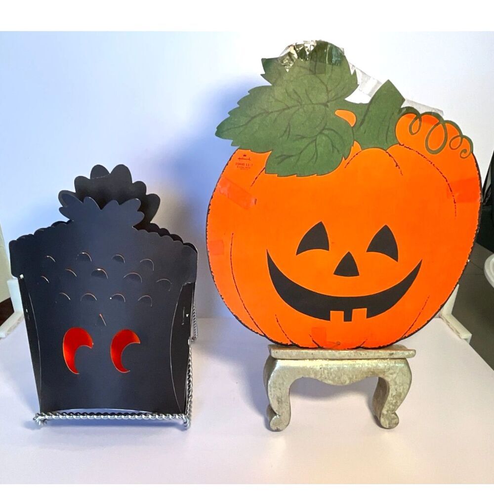 Two vintage Halloween decorations die-cut pumpkin and ghost?  Hallmark pumpkin